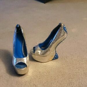 Silver and Blue Peep Toe Platform Heels